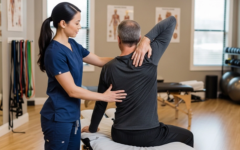 Chiropractor guiding a patient through a stretch program for pain management