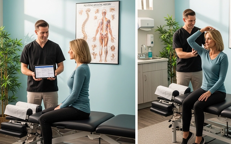 Patient receiving a first chiropractic evaluation and posture check